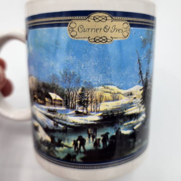 Vintage 1990 Currier & Ives Ceramic Coffee Mug Set, Country Winter Barn & Lake - Picture 7 of 8